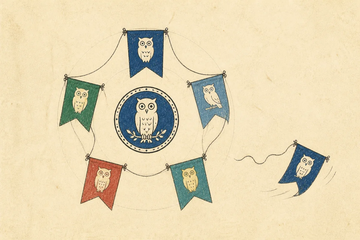 Hand-drawn ring of Owlian state banners forming a federation