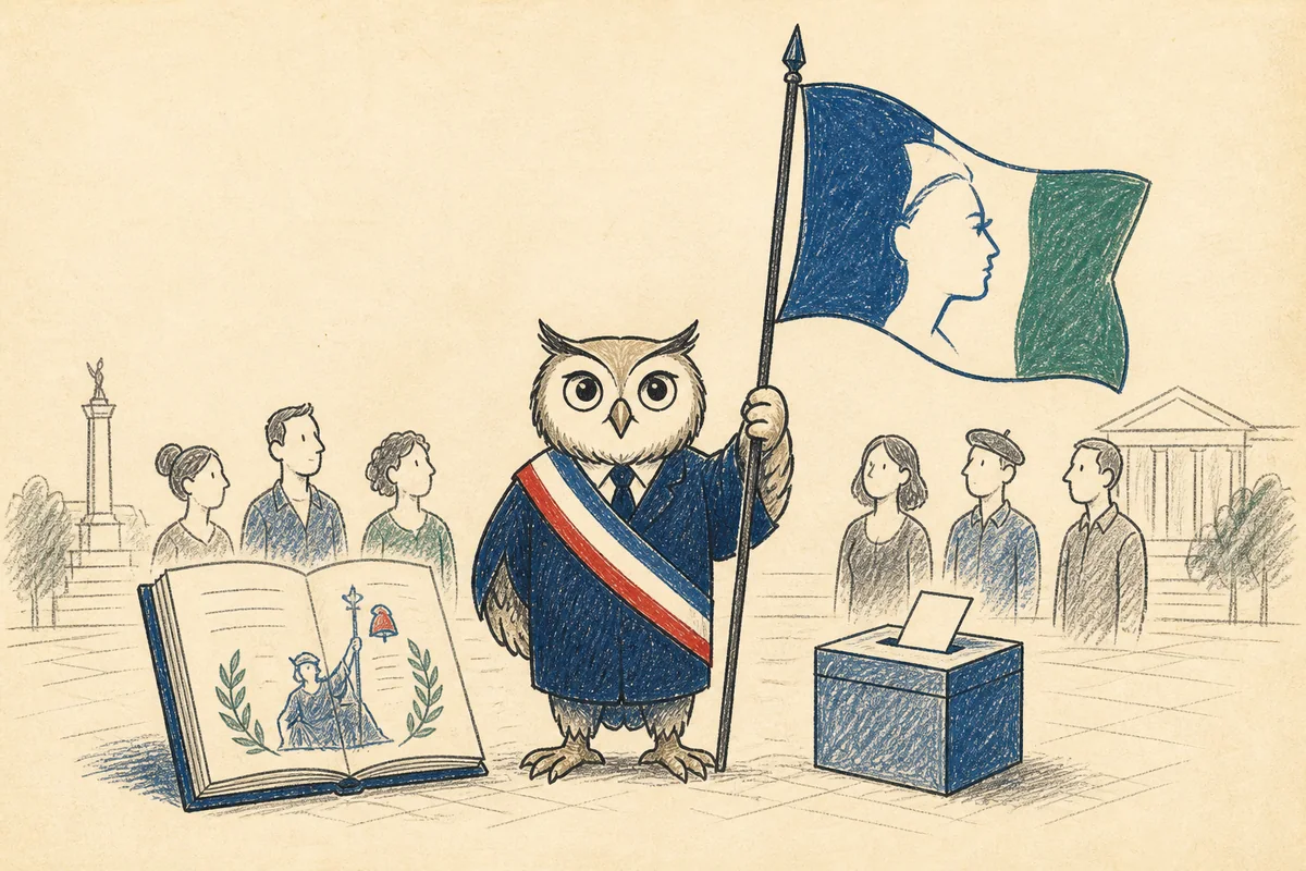 Hand-drawn civic scene of the present Fifth Republic