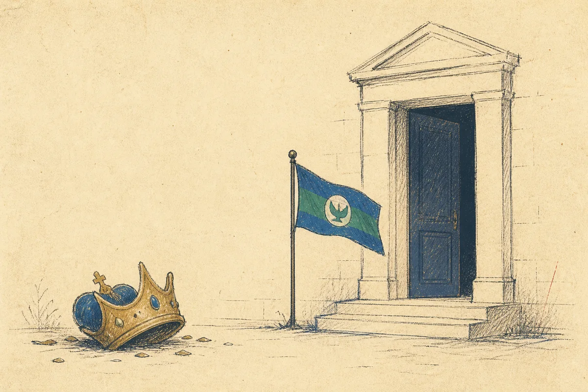 Hand-drawn fallen crown outside the restored Fourth Republic