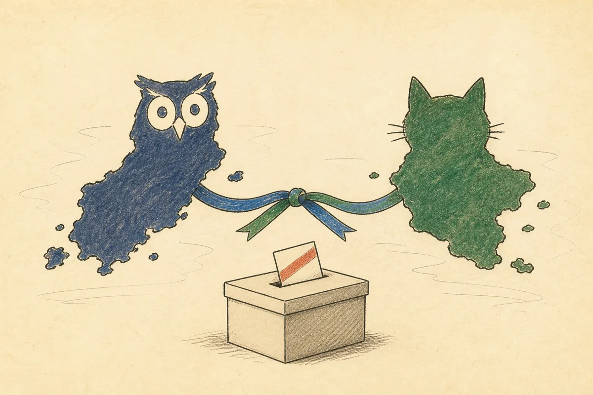 Hand-drawn owl and cat territories joined as Meowlia