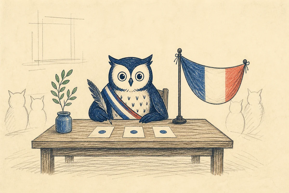 Hand-drawn Owlian delegates founding Owl Democracy