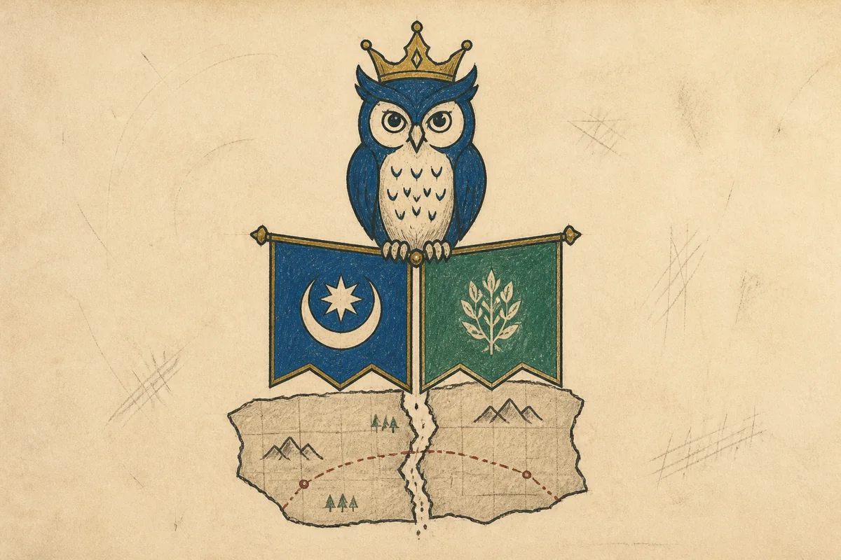 Hand-drawn crowned owl and divided banners of Owlistain
