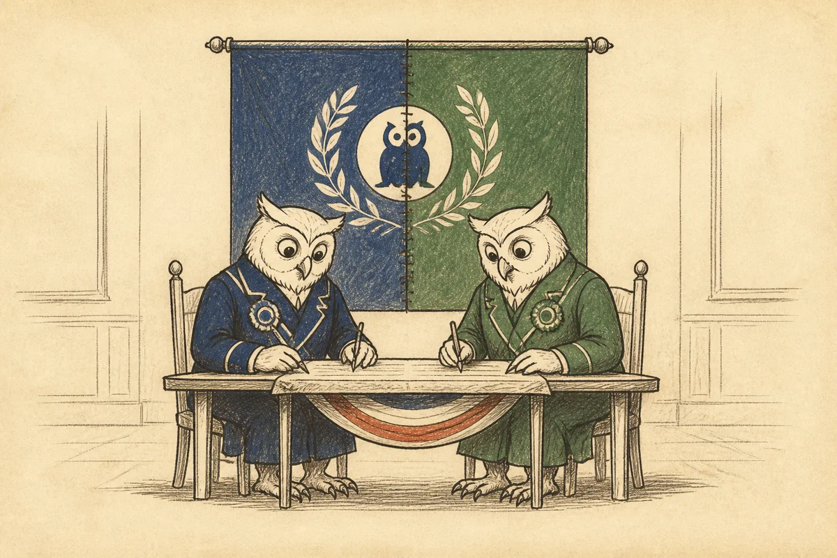Hand-drawn Owlian delegates signing an agreement in the Third Republic