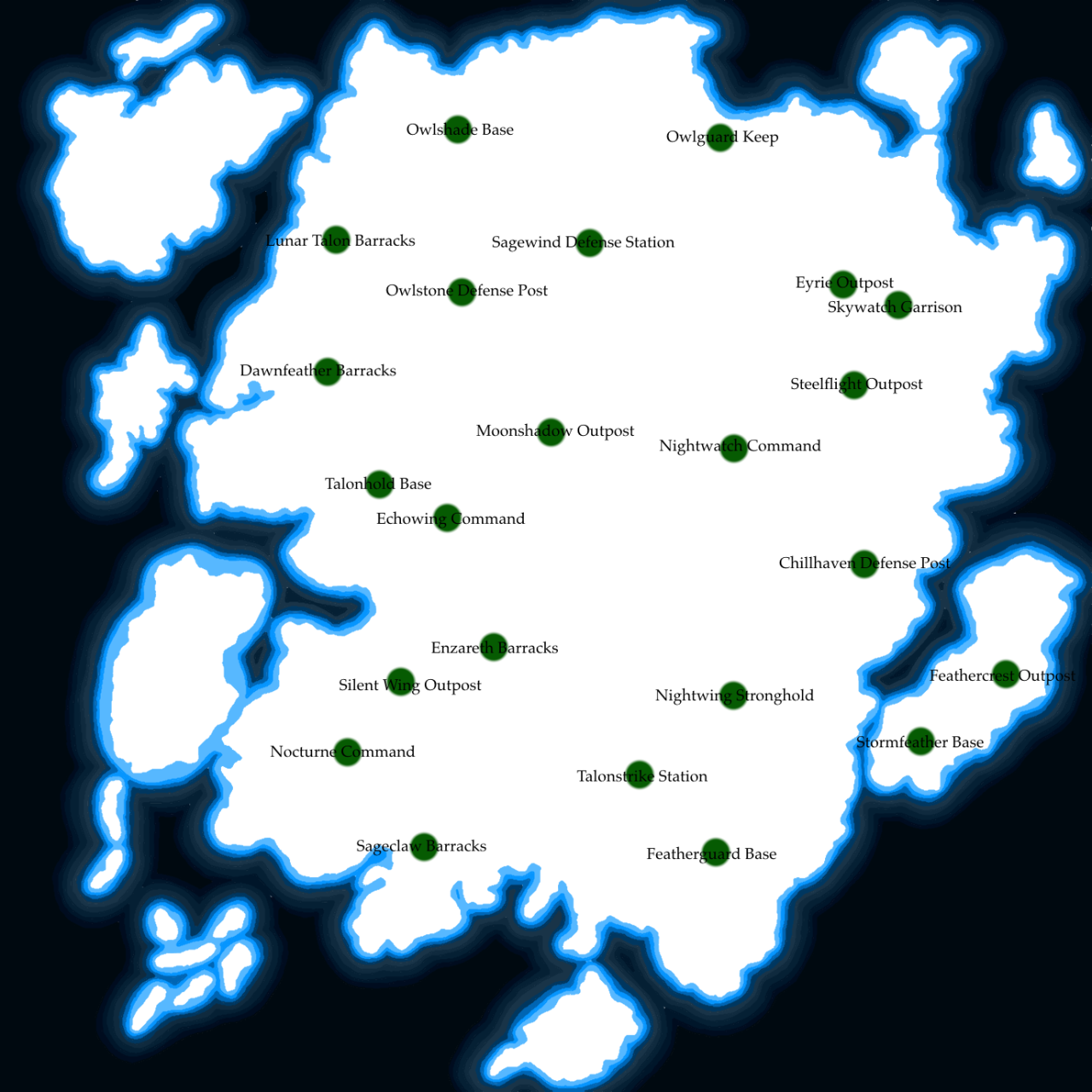 Official map of Owlia showing named bases, commands, garrisons, outposts and defence stations